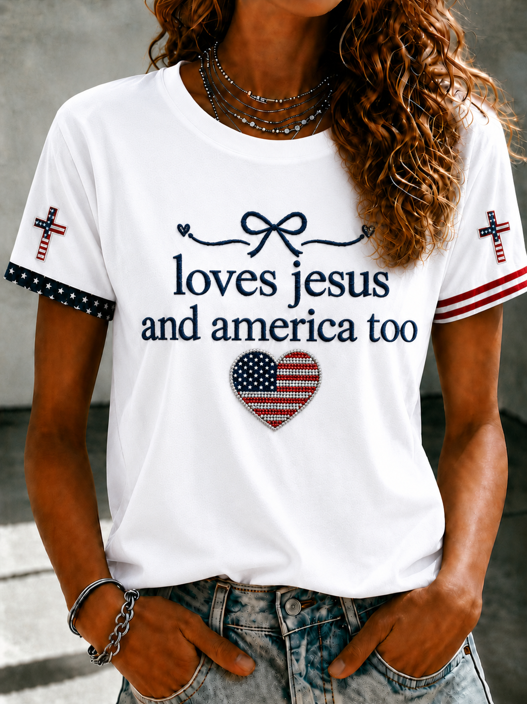 Women'S Love Jesus And America Too Printed T-Shirt