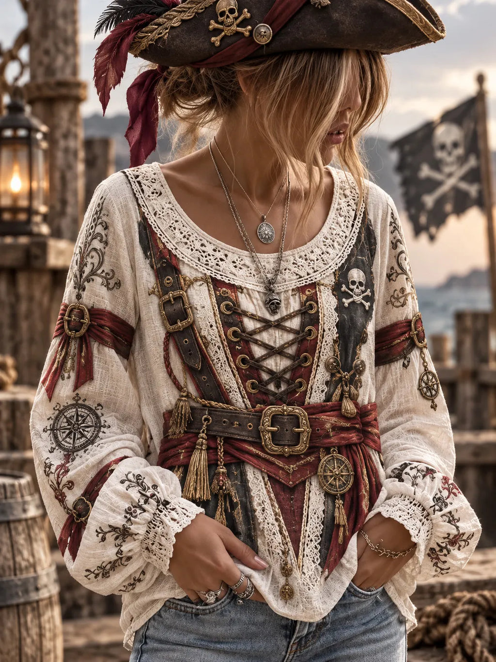 Women's Vintage-Style Pirate Art Print Casual Top