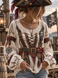 Women's Vintage-Style Pirate Art Print Casual Top