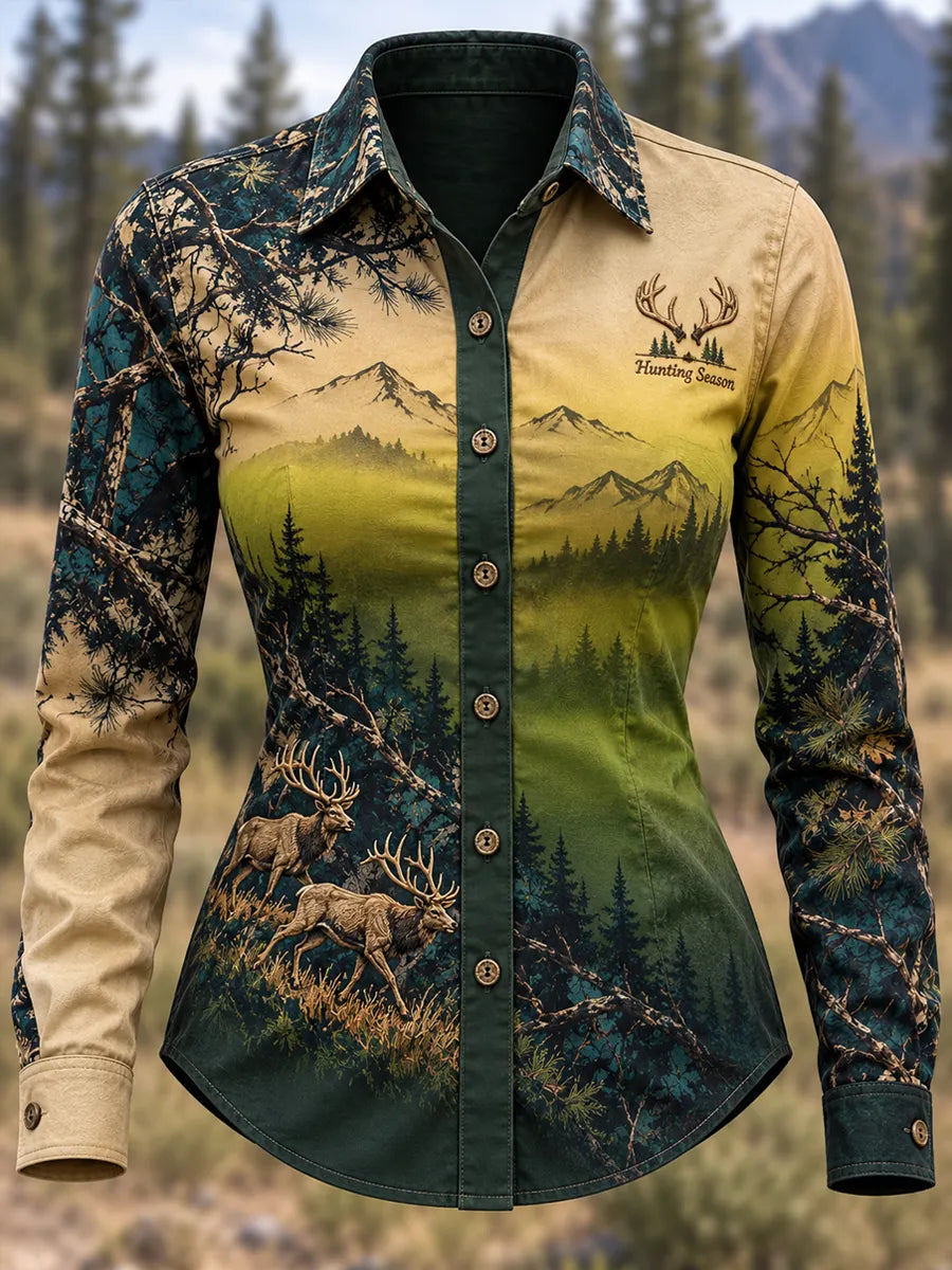 Women's Retro Hunting Culture Art Print Casual Long-Sleeve Shirt