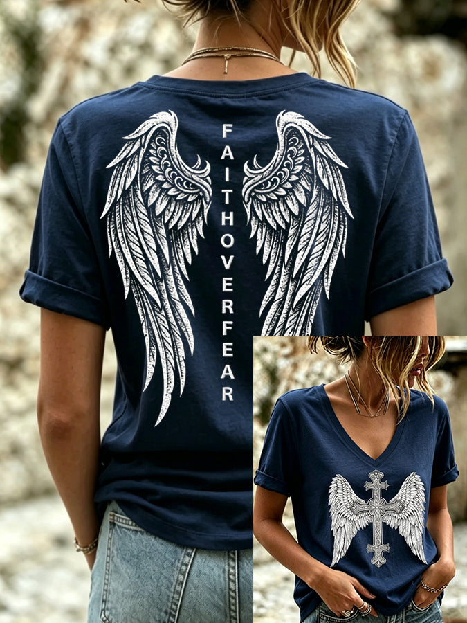Women's Faith Over Fear Angel Wings Casual T-shirt