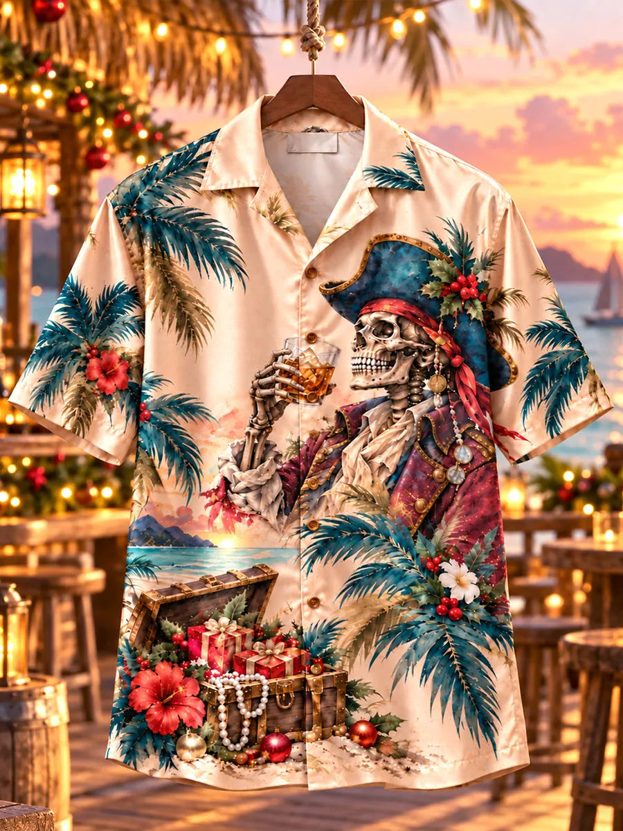 Men's Vintage Skeleton Pirate Christmas Treasure Chest Print Short Sleeve Shirt