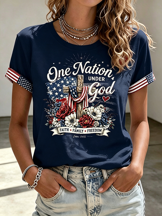Women's Casual American Solitary Cross Printed T-shirt