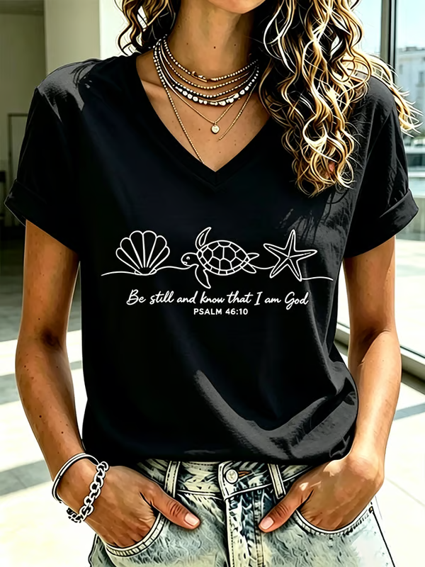 Women's Beach Vacation And Leisure Sea Turtle Be Still And Know That I Am God Faith Printed T-Shirt