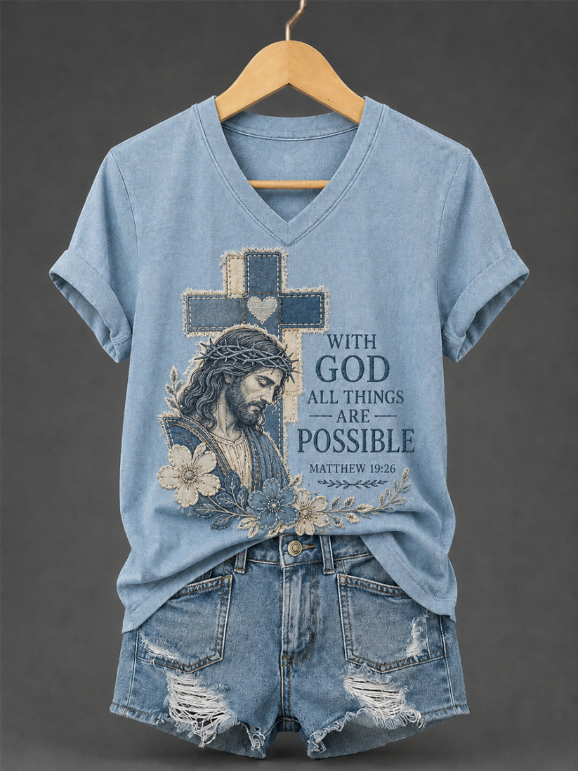 God, Anything Is Possible - Printed Casual V-Neck T-Shirt