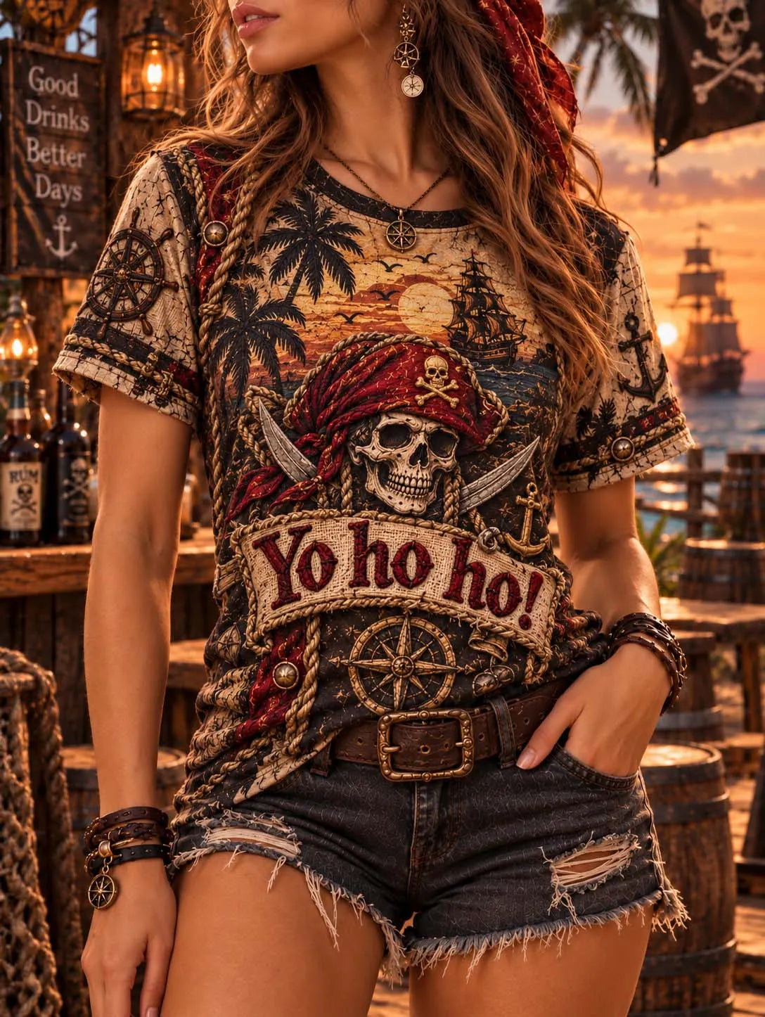 🏴‍☠️ 🦜 Yo Ho Ho Pirate Skull Cutlass Sword 🧭 Vintage Nautical Women's T-Shirt