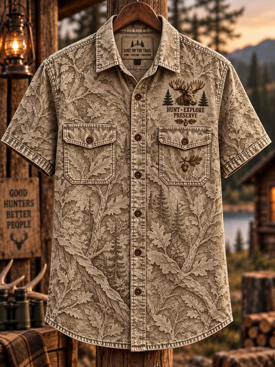 Men’s Vintage “LOST ON THE TRAIL FOUND AT DEER CAMP STILL CHASING BIG BUCKS” HuntingShort Sleeve Shirt