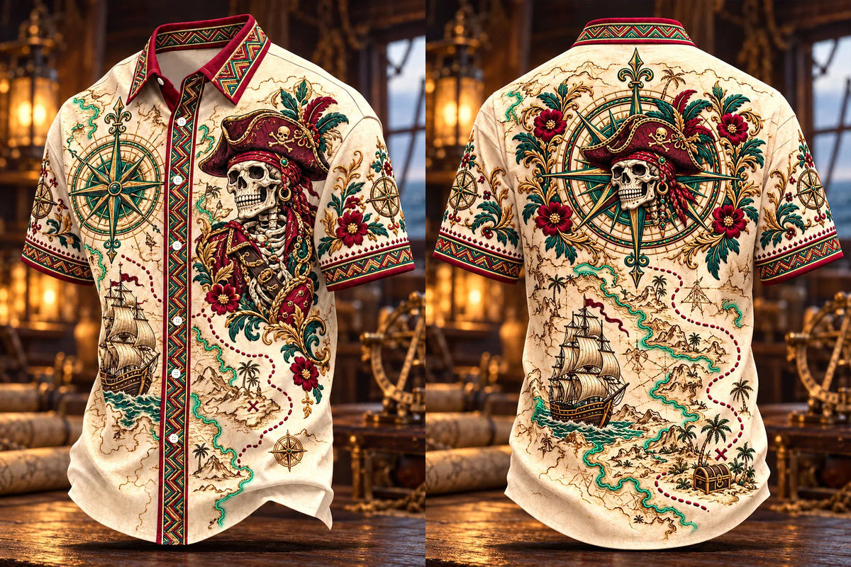 Treasure Map Pirate Skeleton Nautical Short Sleeve Shirt
