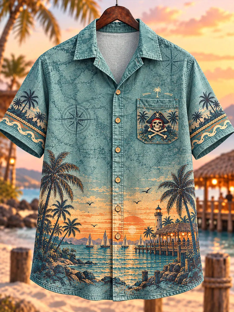 Tropical Island Sunset Pirate Skeleton Vacation Men’s Short Sleeve Shirt