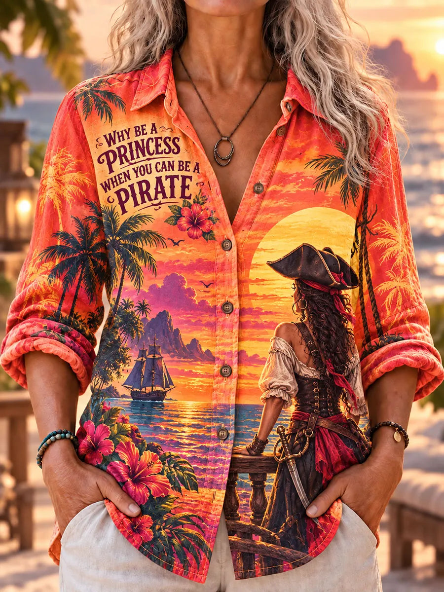 Orange Sunset Female Pirate Sailing Vacation Women’s Long Sleeve Shirt