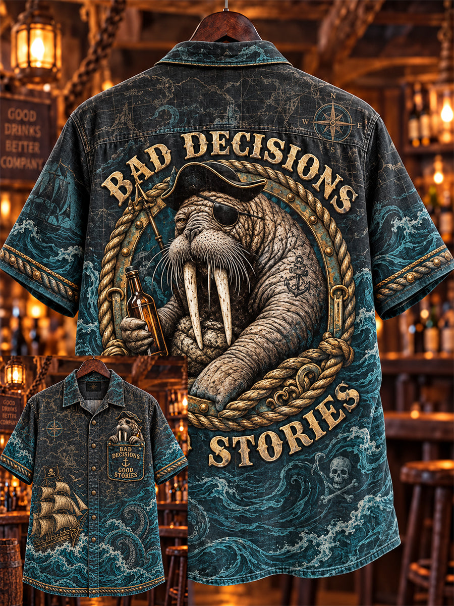 🍺"Bad Decisions Good Stories" Pirate Walrus Denim Shirt🦭