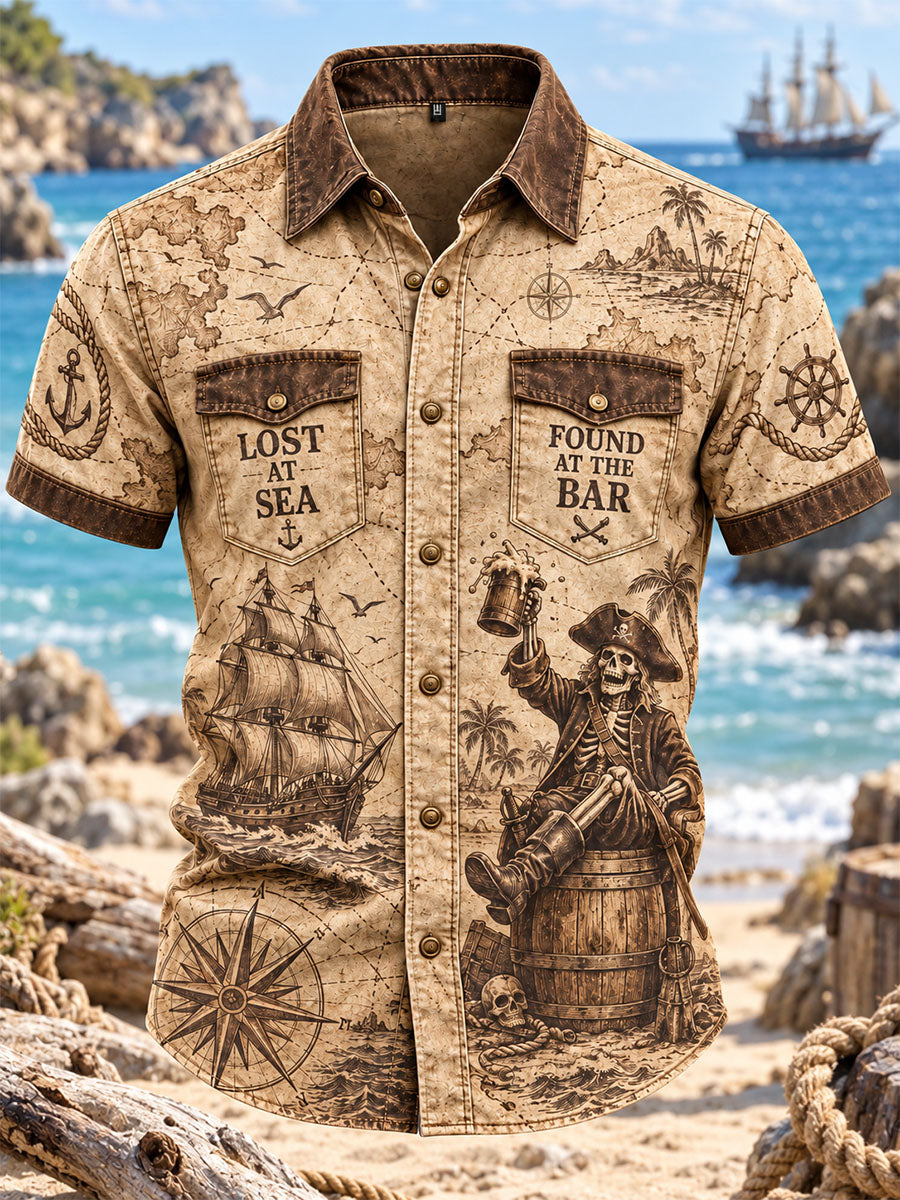 Men’s Vintage Pirate & Nautical Map Double-Pocket Short Sleeve Shirt