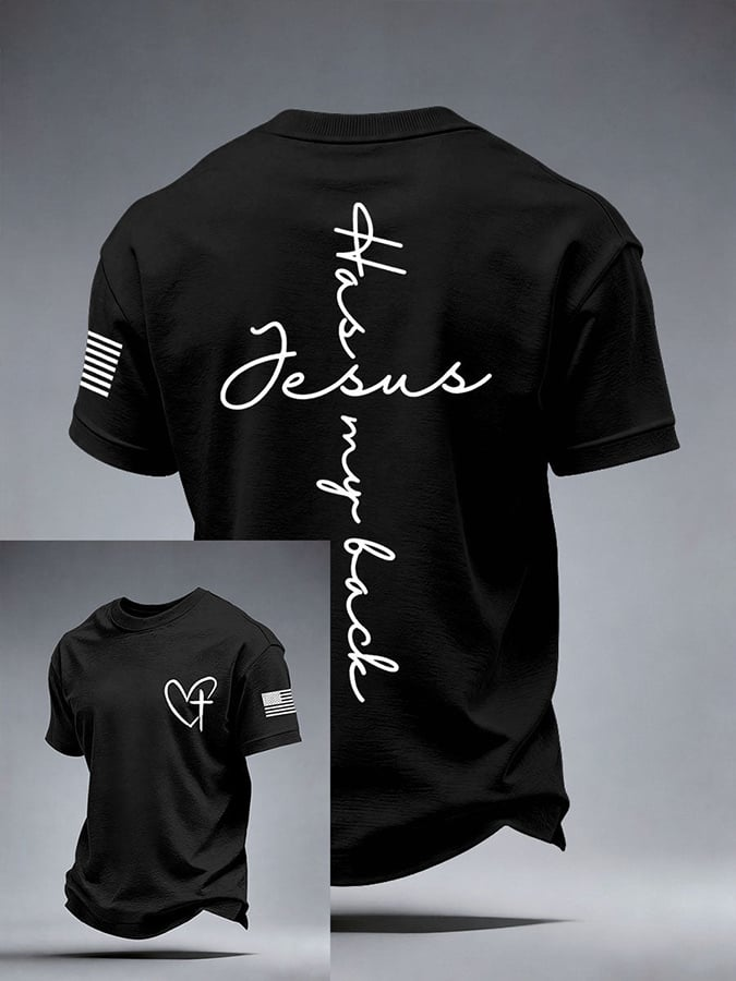 Men's Jesus Has My Back Print Round Neck T-shirt