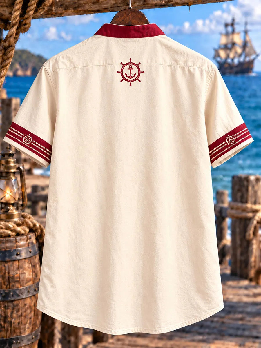 Men’s Beach Pirate Rum Print Lace-Up Short Sleeve Shirt