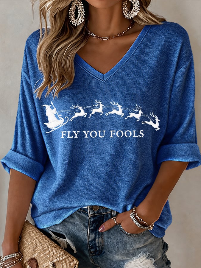 V-Neck Retro Funny Christmas Fly You Fools Reindeer Holiday Season Print T-Shirt
