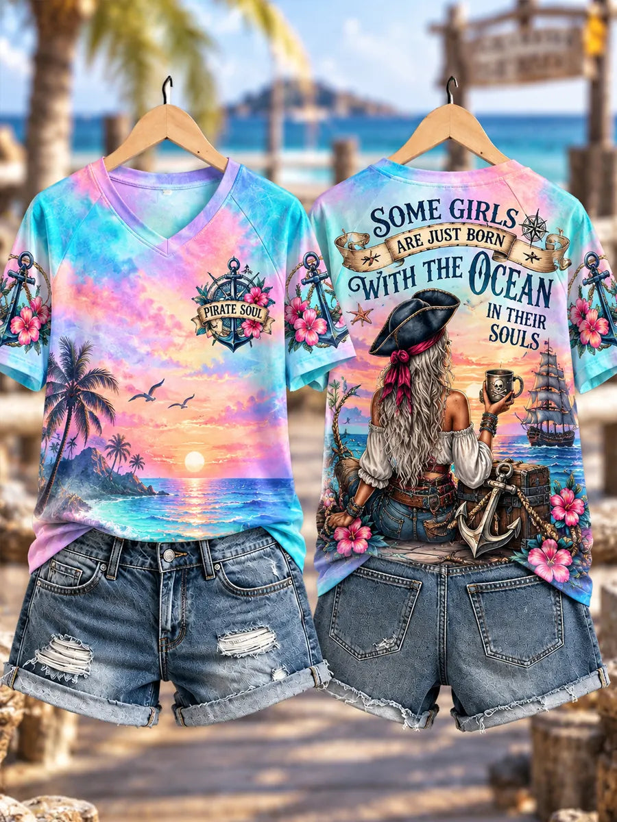 Women's Vintage-Style Pirate & Ocean-Themed Graphic T-Shirt