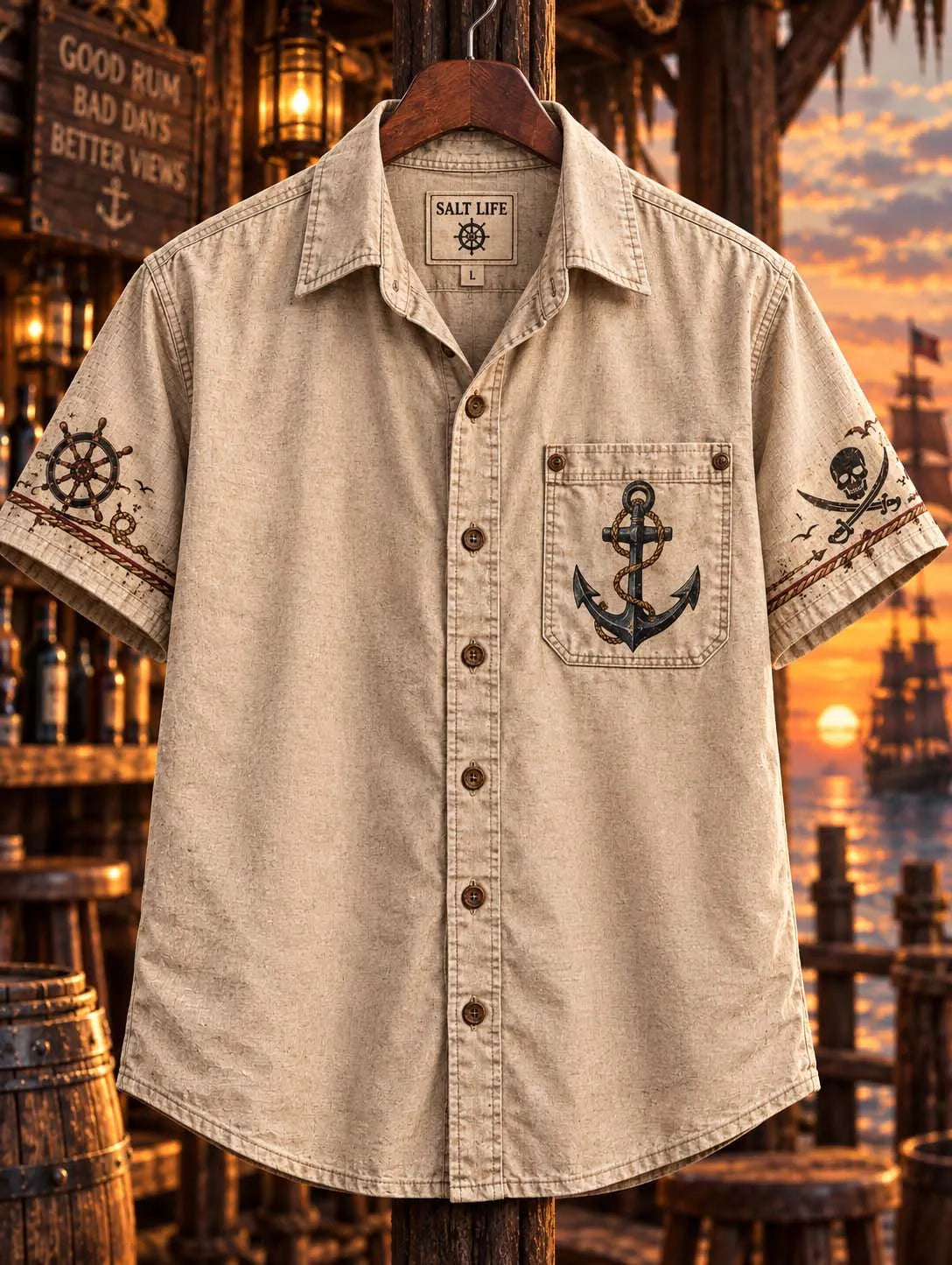 ⛵ 🥃 Sails Furled Rum Poured ☠️ Pirate Sunset Ocean Deck Vintage Hawaiian Shirt