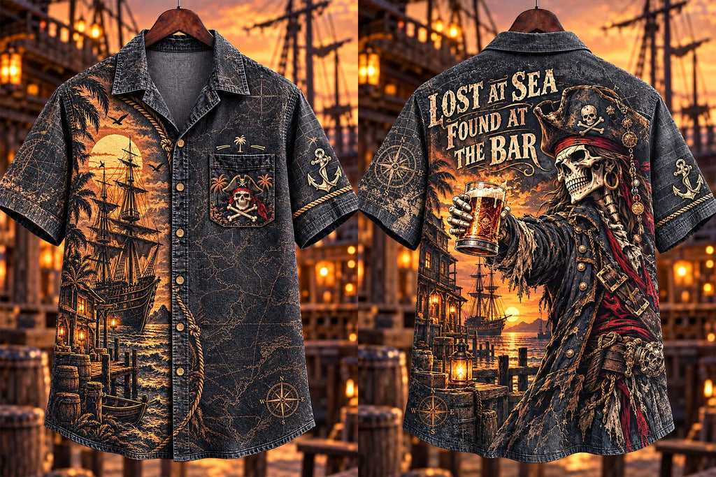 Vintage Pirate Skeleton Tavern Sunset Men’s Short Sleeve Shirt