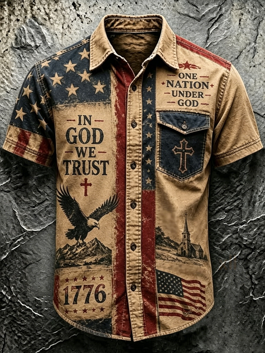 Men's patriotic belief art printed casual shirt