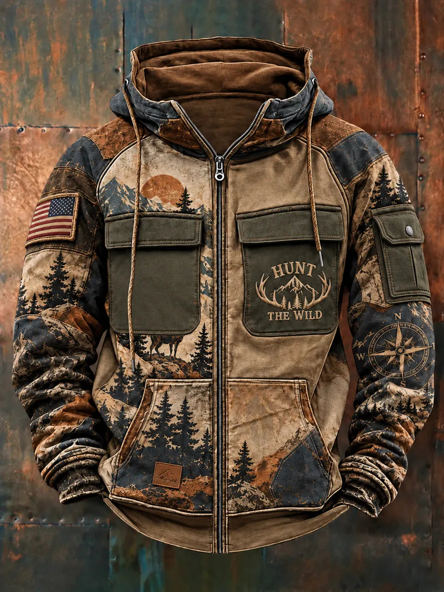 Men's Retro Hunting Culture Print Casual Zip Hoodie