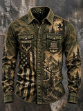 Vintage Hunting Culture Print Long Sleeve Button-Front Shirt