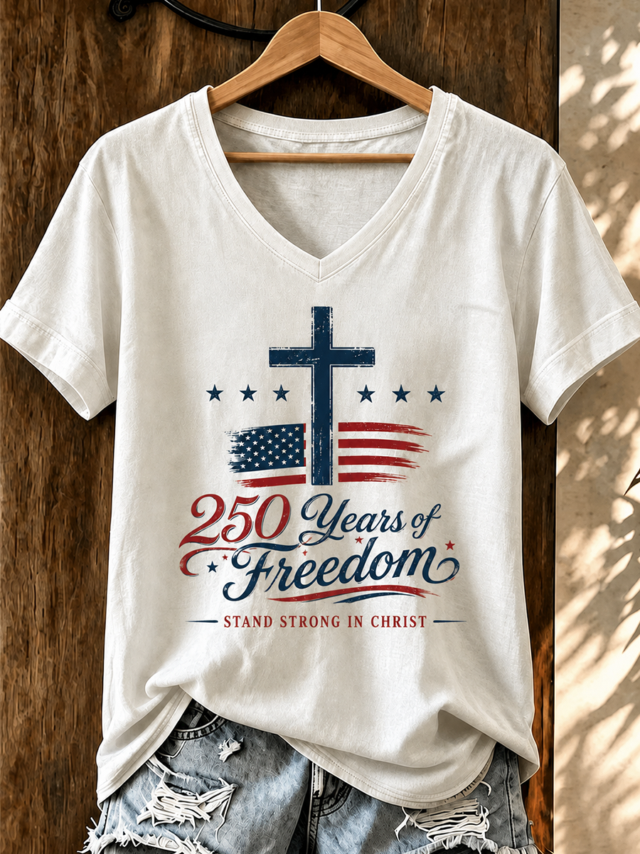Women's 250 Years Of Freedom Distressed Cross USA Flag V Neck Casual Short Sleeve T-Shirt