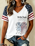 Women's Casual America Flag V-Neck T-shirt