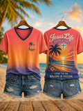 Women's Casual V-Neck Top with "Faith" Print