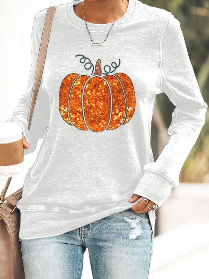 Women's Fall Sequin Pumpkin Print Sweatshirt
