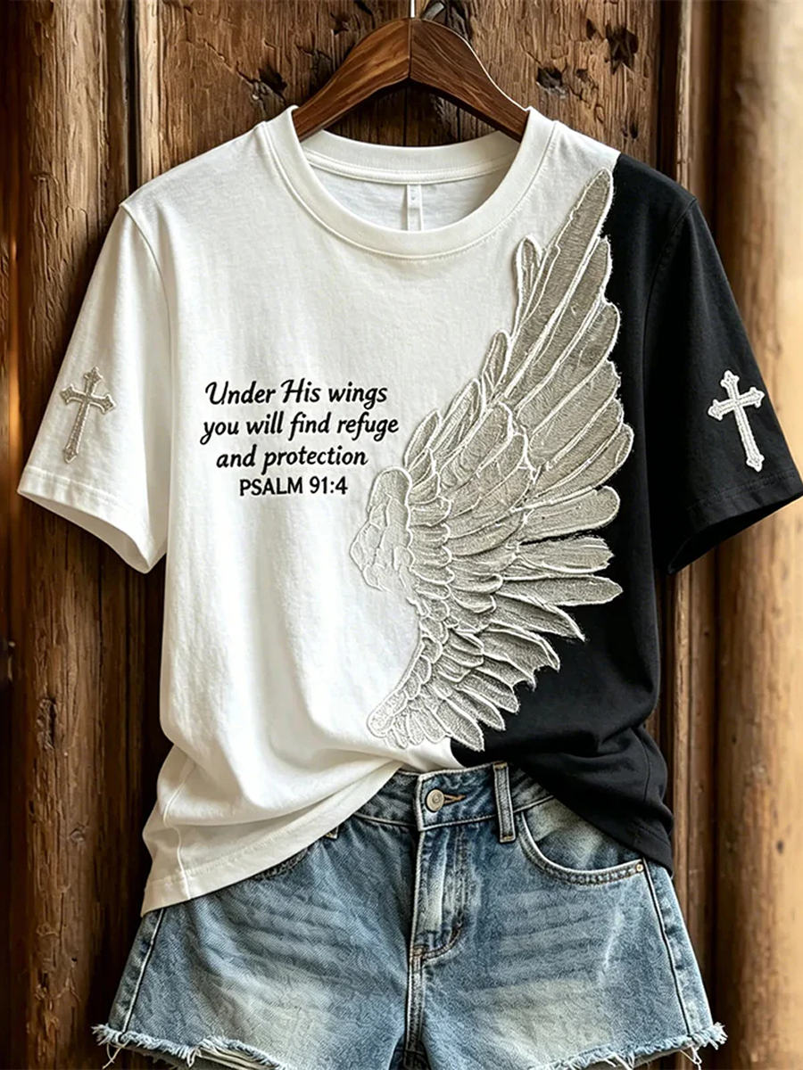 Women's Faith Black And White Contrast Big Wings Cross English Slogan Loose Round Neck Short Sleeve T-shirt