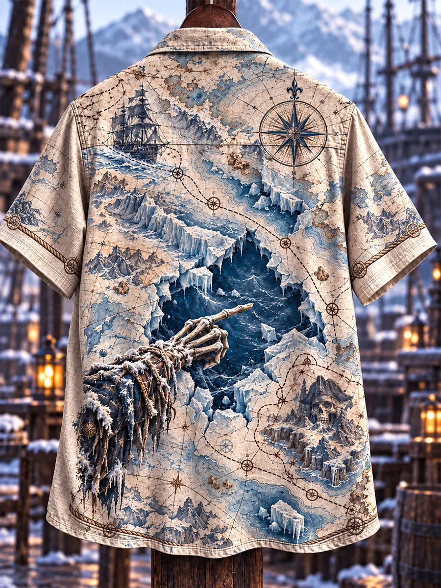 Men's Vintage Arctic Pirate Treasure Map Print Short Sleeve Shirt