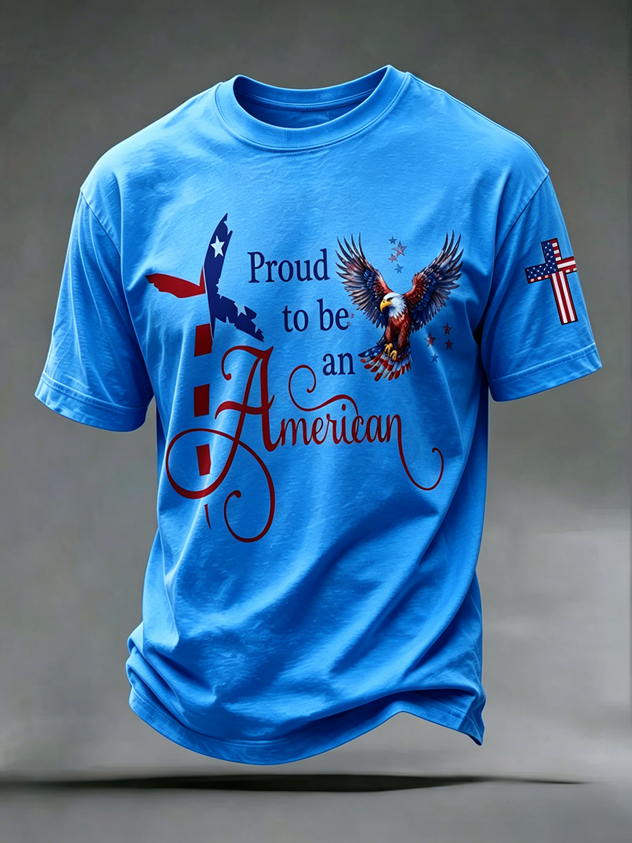 American Faith Cross Slogan Commemorative Print Round Neck T-Shirt