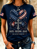 American Flag Faith Cross Commemorative Print Round Neck T-Shirt