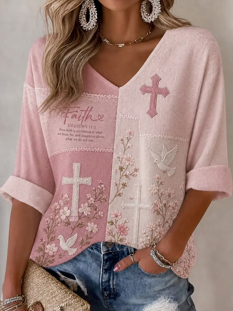 Women's Cross Floral V-neck T-shirt