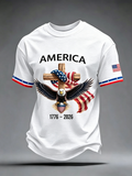 American Flag Commemorative Eagle Cross Printed Round Neck T-Shirt