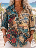 Women's Retro Style Pirate Ocean Theme Long-Sleeve Collared Shirt