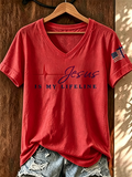 American Flag Faith Cross Commemorative Print V-neck Top