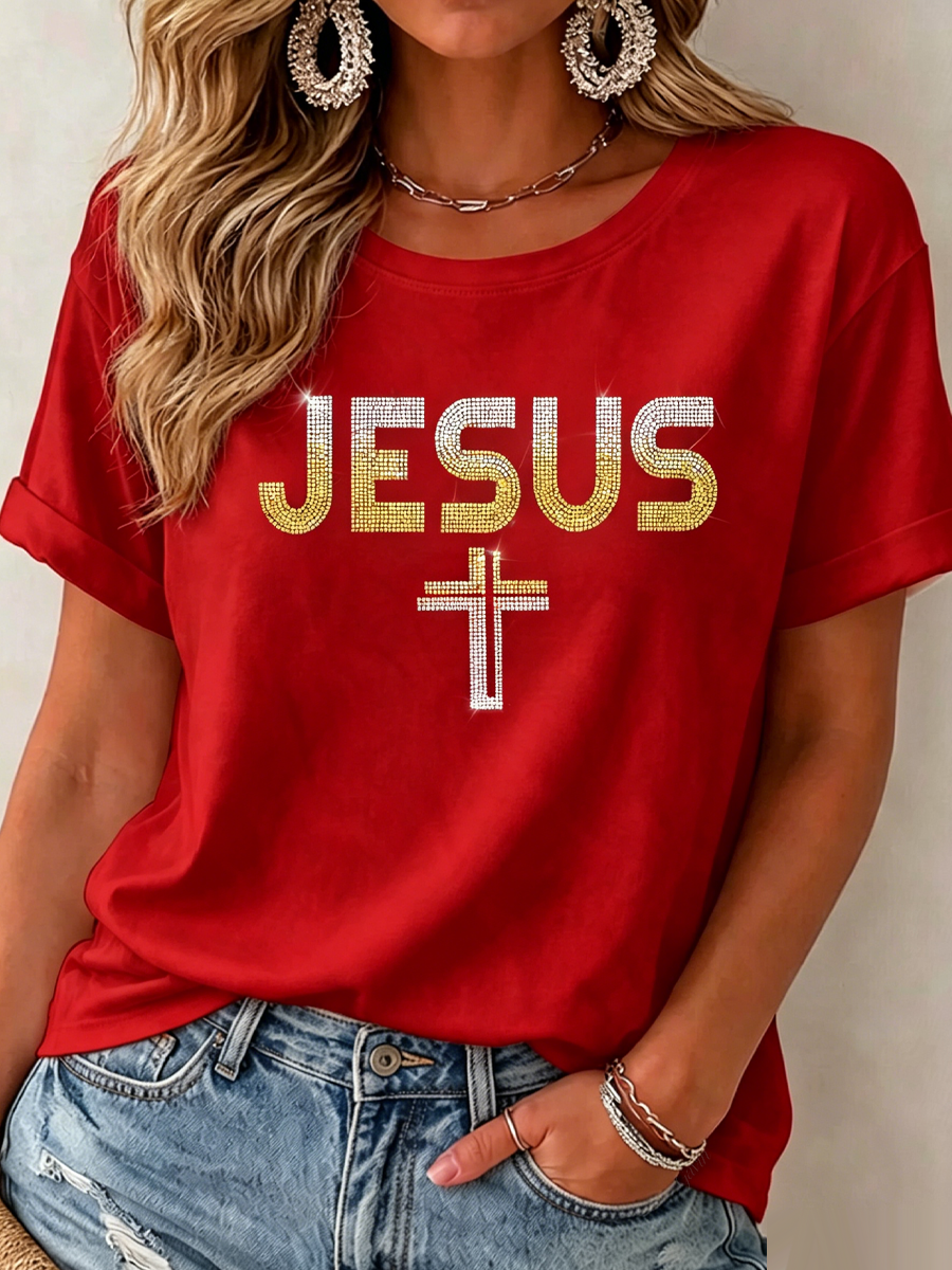 Women'S Jesus Rhinestone Print Casual T-Shirt