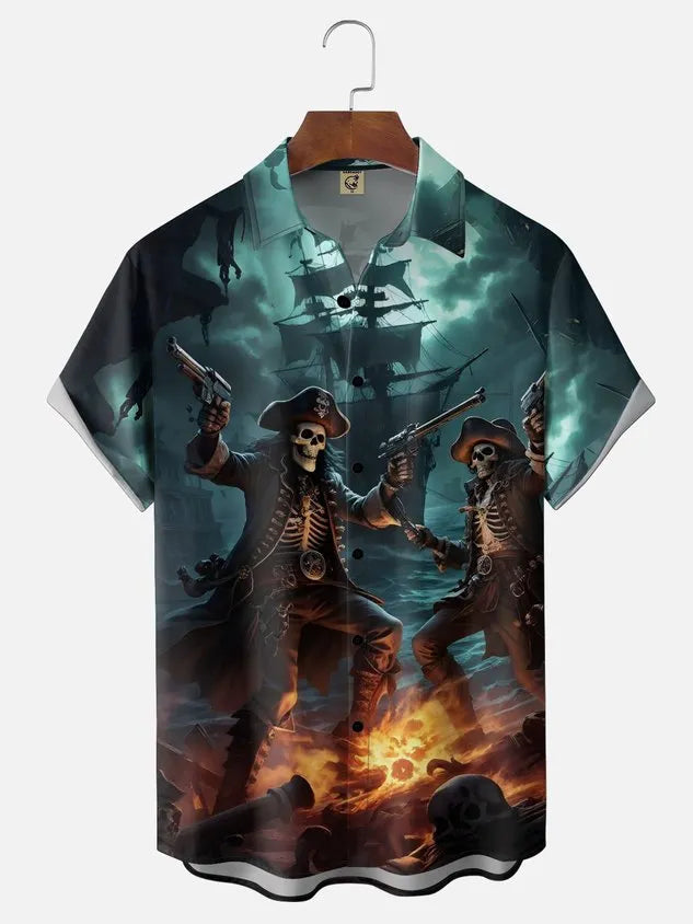 Moisture-wicking Ocean Pirate Ship Skull Pirate Chest Pocket Casual Shirt