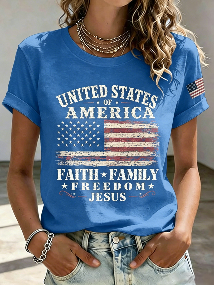 American Flag Jesus Faith Commemorative Print Round Neck T-Shirt