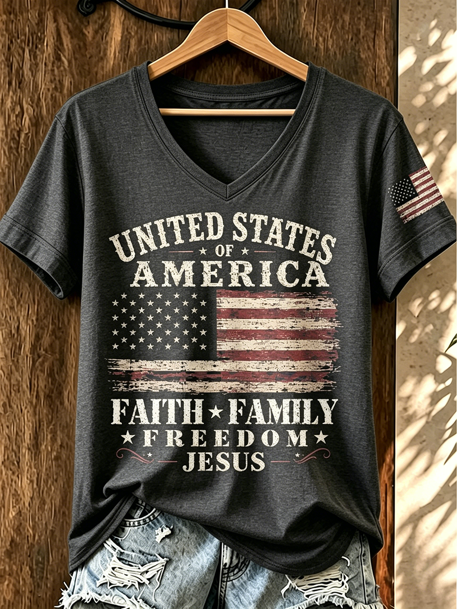 American Faith Jesus Commemorative Print V-Neck Top