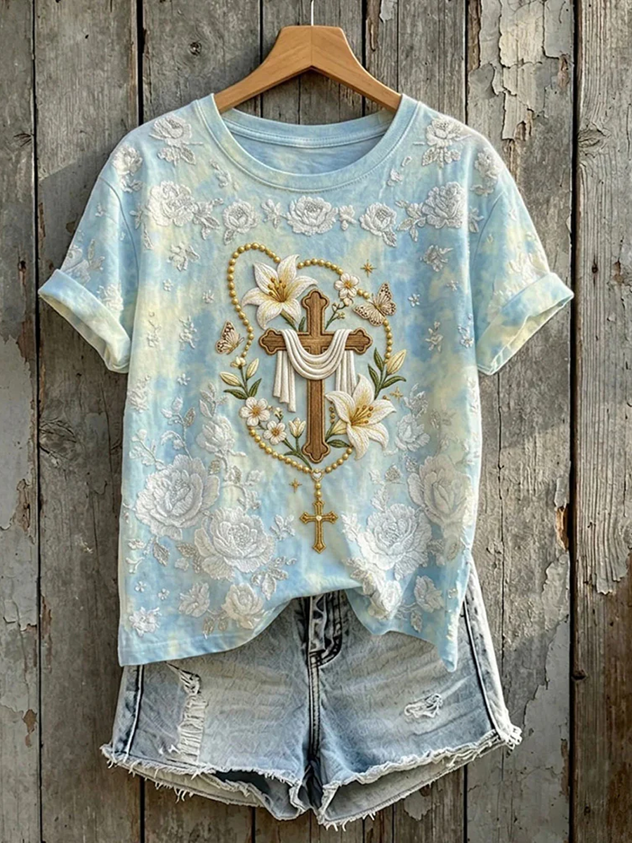Women's Faith Floral Lily Butterfly Cross Printed Round Neck Short Sleeve T-Shirt