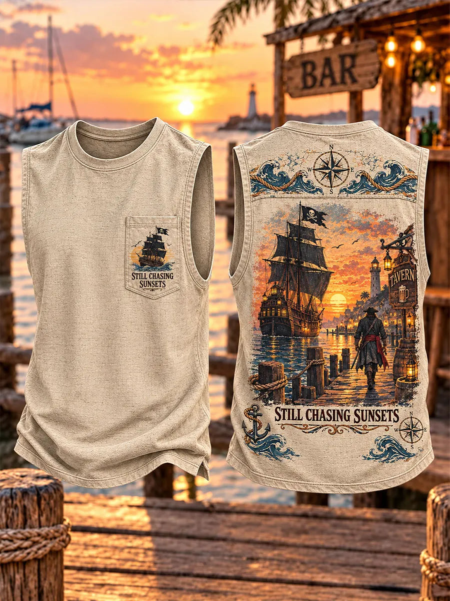 Men’s Vintage Pirate Ship Sunset Sleeveless Tank Top