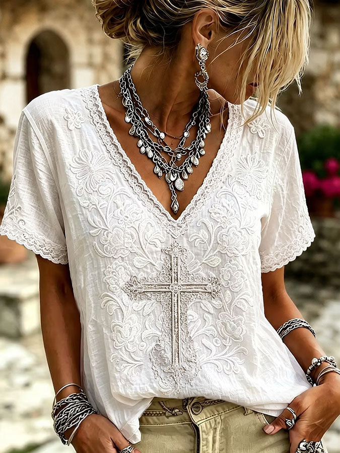 Boho Floral Cross Art Linen Blend V-Neck Short Sleeve Shirt