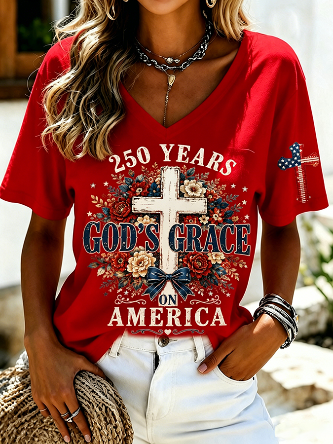 Women'S Christian America 250th Anniversary Floral Cross Printed Casual T-Shirt
