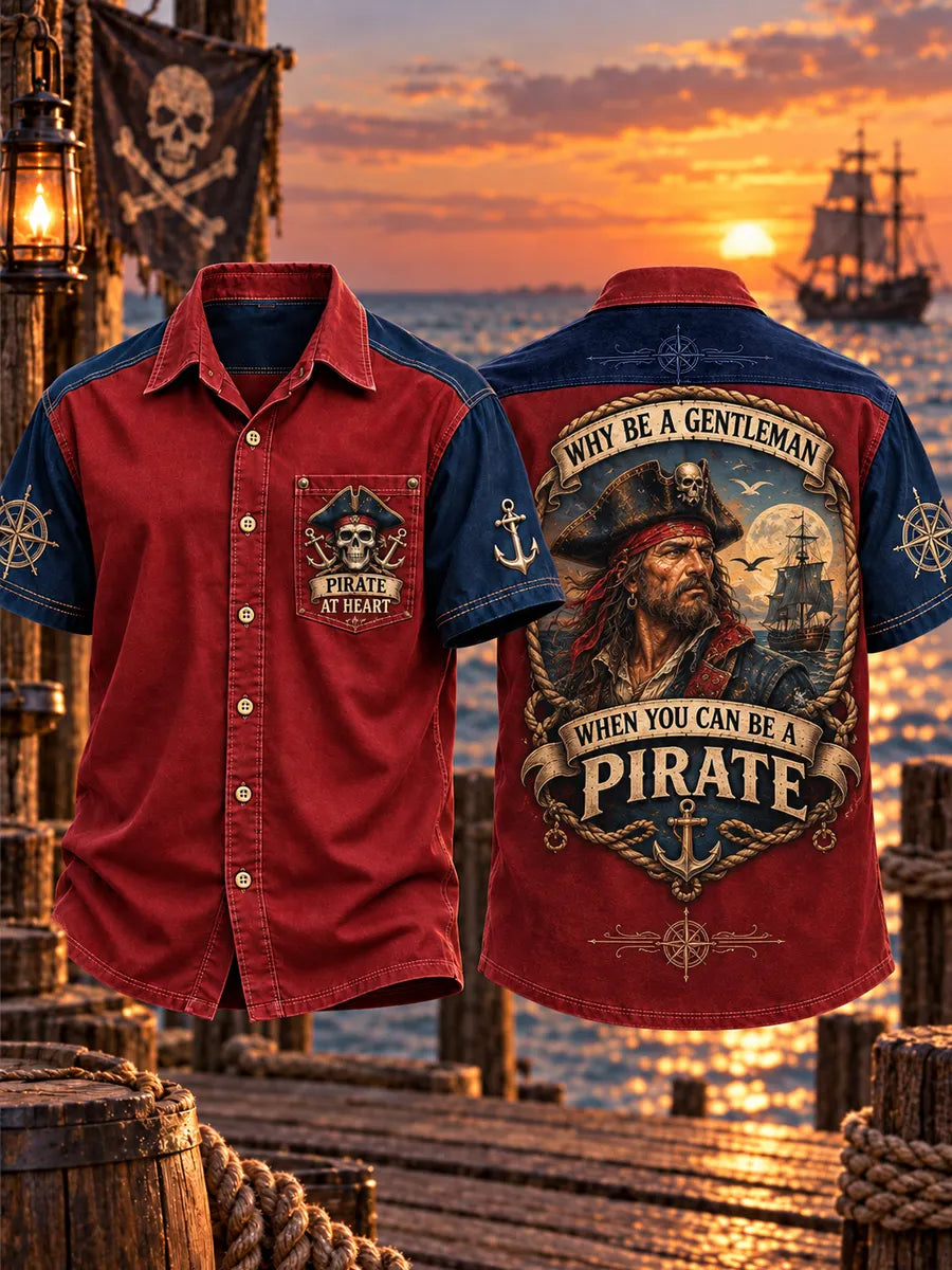Men’s Vintage “WHY BE A GENTLEMAN · WHEN YOU CAN BE A PIRATE” Printed Short Sleeve Shirt