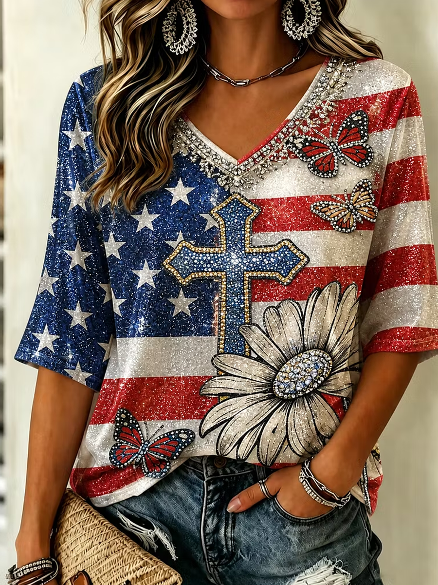 Women's Independent Day Faith Cross Flag Art V Neck Cotton Linen T-shirt
