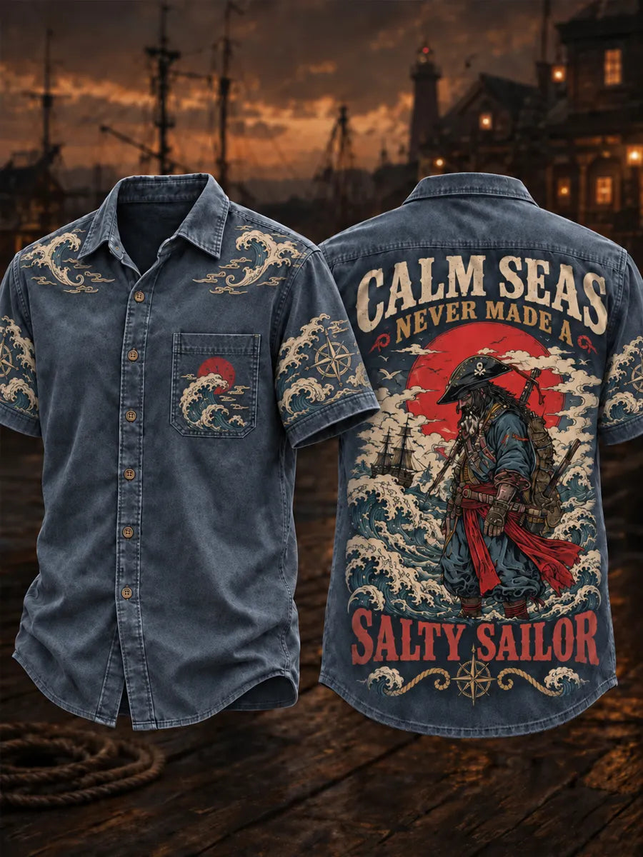 Men’s Vintage Old Salt Pirate Skull Printed Short Sleeve Shirt