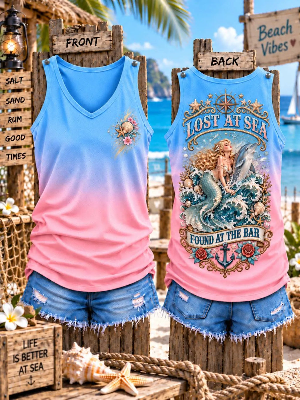 🧜‍♀️ Lost At Sea Mermaid and Dolphin Gradient Tank Top