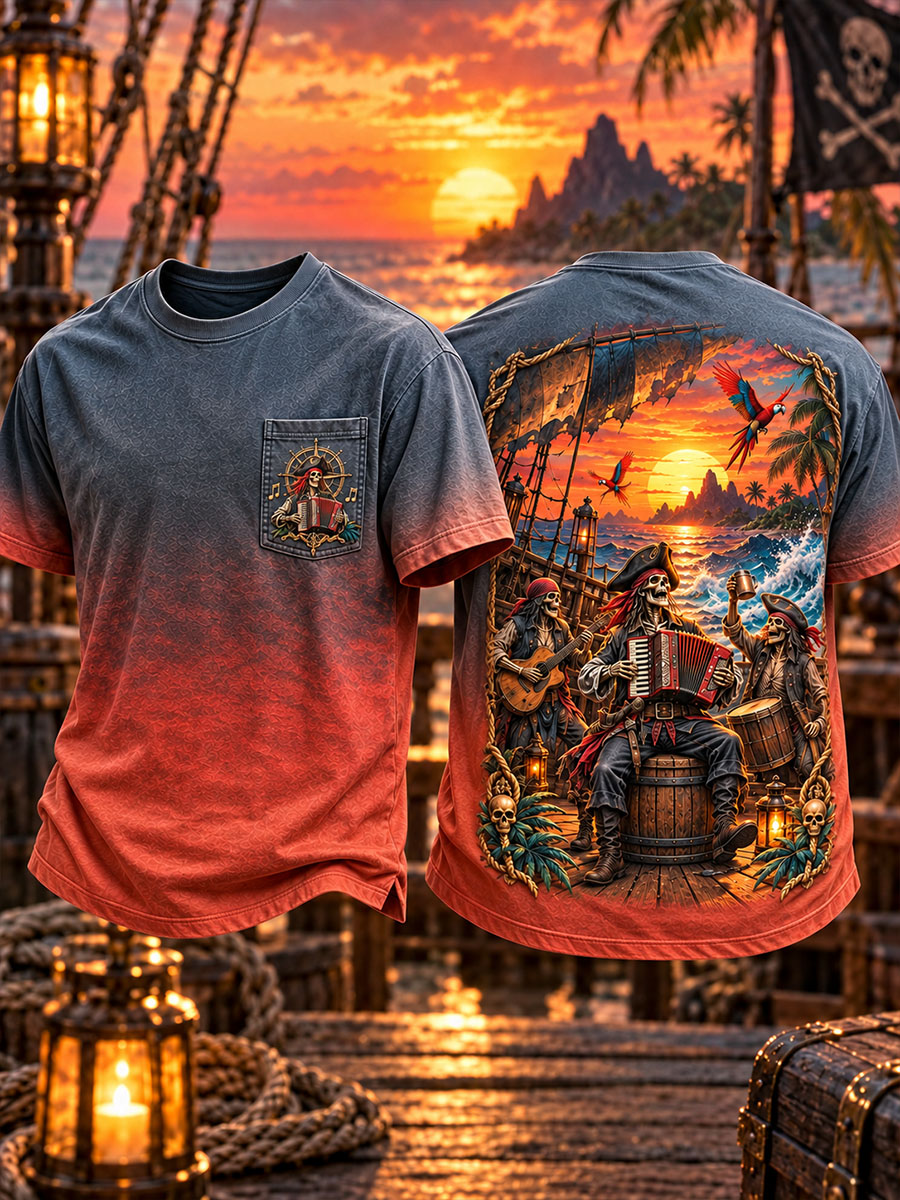 Island Skeleton Pirate Music Party Men’s Pocket T-Shirt